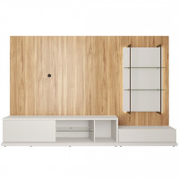 Manhattan Comfort 2-400751400651 Beaumont 106.29 Left Modular Entertainment Center with LED Lights and Floating Shelves in Off White and Cinnamon Light Brown